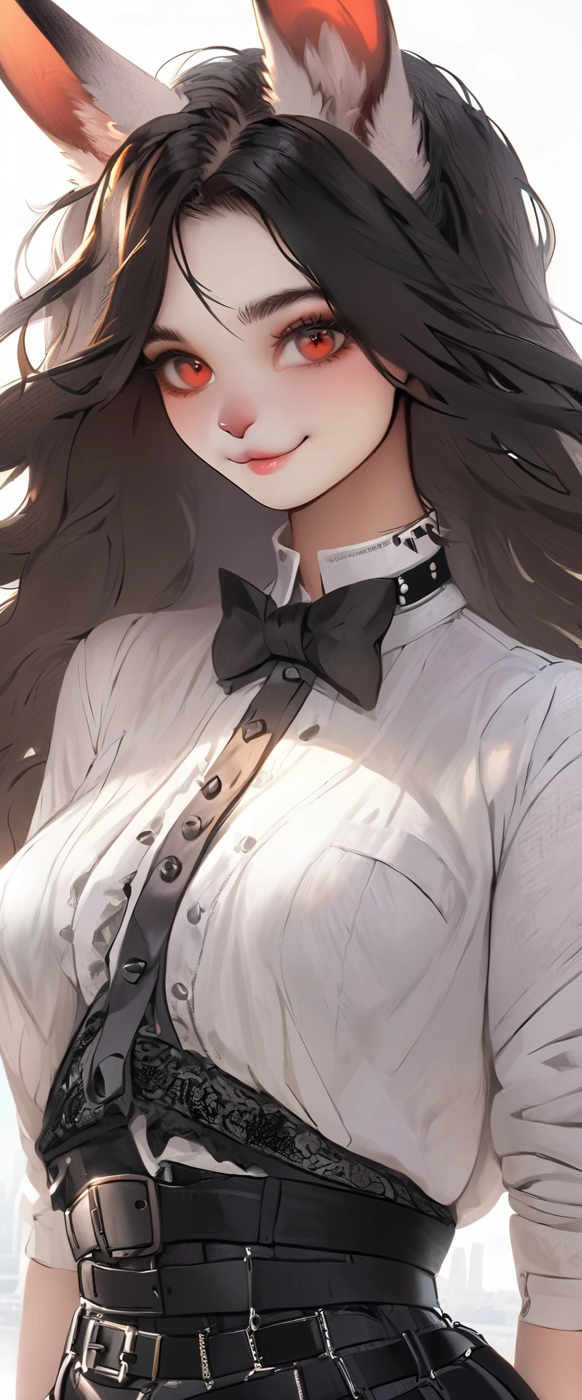 ((masterpiece, highest quality, Highest image quality, High resolution, 8K)), (huge stunning goddess shot, very hot and sexy, jaw-dropping beauty, perfect proportions, beautiful body, slim body beauty:1.4), In the streets of London, Anthropomorphic rabbit anime character, wearing a white fur coat, White collar, bow tie, and fishnet tights, white skin, long black hair, red eye, From knee to chest, (View from front),