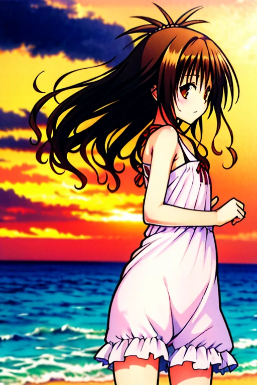 On the beach at sunset、Please draw an illustration of a woman that gives you a summer feel.。She stands on the shoreline、Watching the sun go down。she is wearing a cool dress、Hair blowing in the wind is depicted。The background depicts a sunset sky and the sea at the shore.、A beautiful landscape that makes you feel the end of summer is spreading。