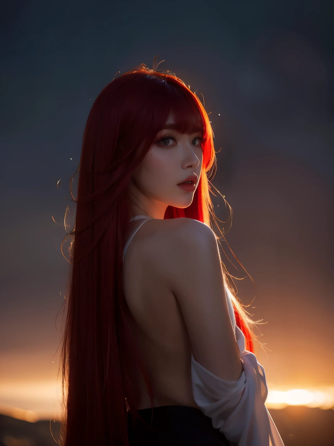 red hair, blunt bangs, bangs, long hair, hair spread out, straight hair, shiny hair, glowing eyes, longeyelashes, amber eyes, makeup, blush, fangs, hood, absurdly long hair, Surrealism, chiaroscuro, cinematic lighting, silhouette, drop shadow, backlighting, UHD, masterpiece, anatomically correct, super detail, highres, best quality