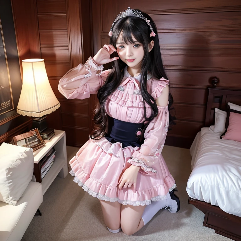 best quality, delicate face,beautiful visual work,lifelike,1 girl, eternal, black hair, Long curly hair, blunt bangs, Smile, pink skirt, pink ta dress, layered skirt, Lolityle long skirt,分層連衣裙 lace-trimmed 裙子, decorate, lace, long sleeve, puff sleeves, wide sleeves, Transparent sleeves, hair accessories, 在flower园里, flower, Detailed background, delicate face,pink blush,White knee-length socks, Pink shoes,cold,Lots of lace,((Masterpiece))、(top quality)、8K、high detail、super detailed,21 years old female,穿着pink lolita d((dreamy atmosphere:1.1))、Seductive and whimsical style、Masterpiece、born、Scenes resembling fairy tale illustrations、Intricate details showcase the ruffles and intricate designs of the Lolita dressutifully、magic、capricious、 beautifully、Dream aesthetics、「𝓡𝓸𝓶𝓪𝓷𝓽𝓲𝓬、ethereal、charming、fickle、magic」、realism、Visual effect、FXAA、SSAO、shader、voiceless、ambient lighting、Tone mapping、High resolution、ultra high definition、megapixel、(8K resolution:1.10)、8K、Below 8K、8K resolution、high detail、intricate details, (high quality:1.2、Masterpiece:1.2、:1.21)、(21 years old female:1.21)、(興奮地Smile)、(Surrounded by the dreamy atmosphere、High heel、Model diagram,full-body shot,Knee-high 白色的 lace socks,Sweet Lolita,Normal 2 ,Pink shoes,Baotou shoes,silver crown tiara,Don't show your fingers,lolita cake dress,Thnd layer skirt,Every layer has lace,The skirt has a hem,cold,big breasts,hands on hips,Wide cuffs cover hands,