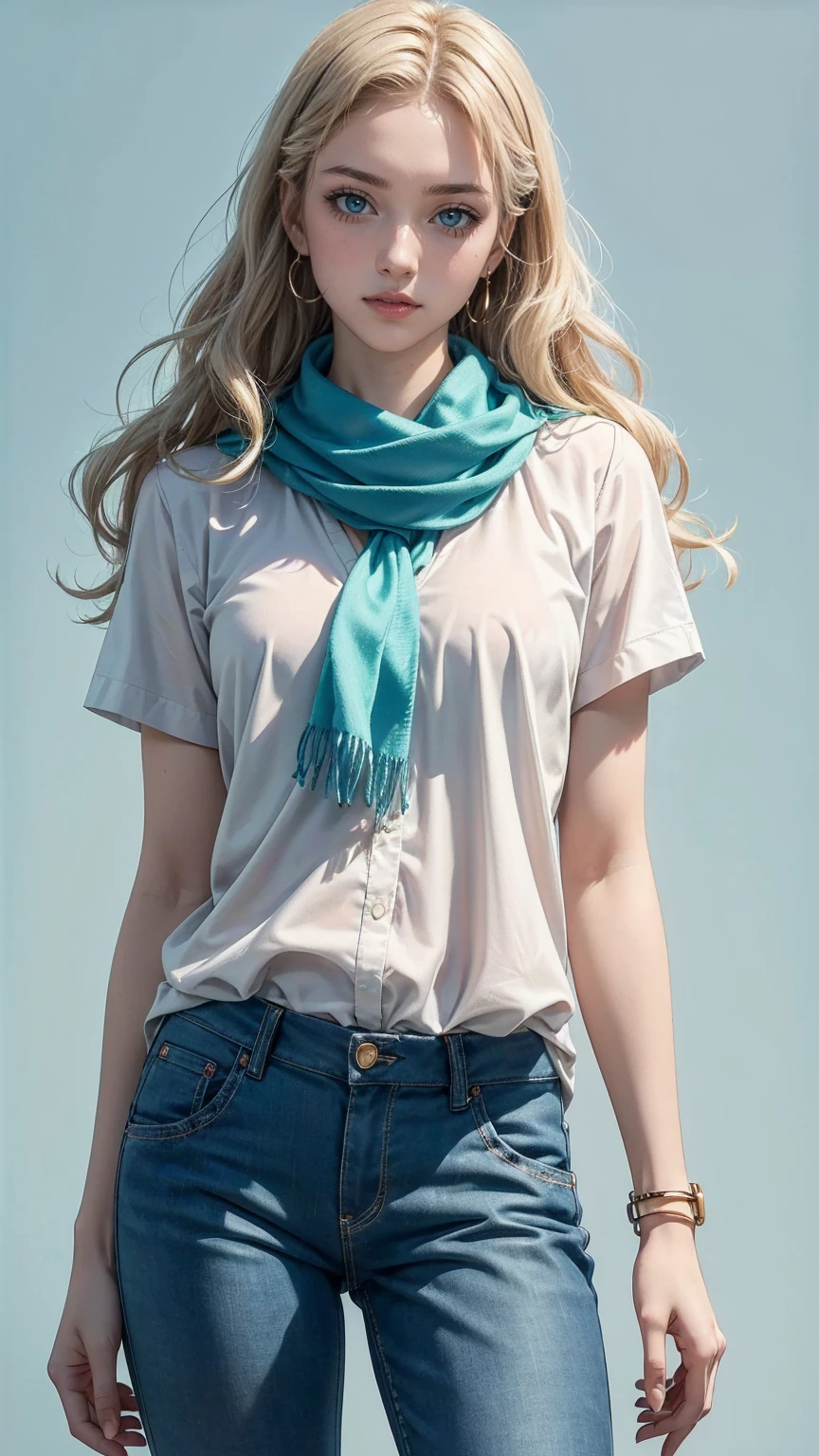 ((最high quality, 8K, masterpiece: 1.3, Ultra HD, high quality, 最high quality, High resolution, realism)) 、(high color saturation:1.0), (highly detailed skin), (最high quality:1.0), (超High resolution:1.0) ,(realistic:1.0), (Super detailed:1.0), (8K, Raw photo:1.1), slender、Slender, muscular body that's toned like an athlete's、24 year old white female、blue eyes、blonde、medium long hair、hair is wavy、Accessorize your wrist、Scarf Tie Blouse((scarf tie brouse))、Aladdin Pants((aladdin pants))wear、サンダルwear、pastel green background