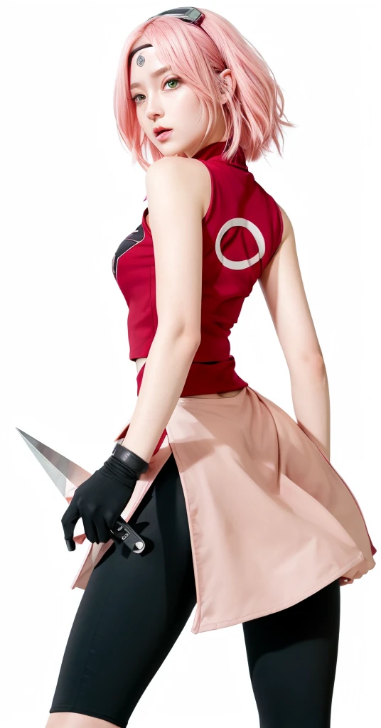 haruno sakura, naruto \(series\), naruto shippuuden, anime art style, masterpiece, red shirt, shirt, short hair, sleeveless, sleeveless shirt, forehead protector, hairband, konohagakure symbol on hairband, 1girl, solo, bangs, breasts, cosplay, real person, real life, closed mouth, elbow sleeve, eyes visible through hair, playing kunai, blue sky, floating hair, foreshortening, green eyes, detile eyes, hair intakes, parted bangs, pink hair, small breasts, v-shaped eyebrows, detailed background, outdoor, cherry blossoms, sky, (ultra detailed), (8k, intricate), (85mm), light particles, lighting, full body, (highly detailed:1.2), breast focus, (gradients), sfw, colorful, (detailed background), (rule of third_composition:1.3), (Line of action:1.2), daylight, solo