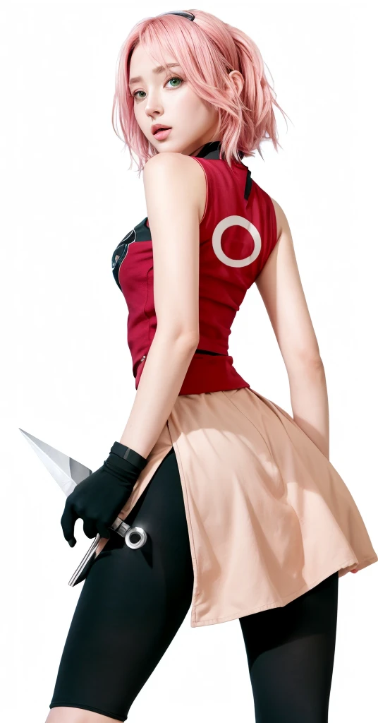 haruno sakura, naruto \(series\), naruto shippuuden, anime art style, masterpiece, red shirt, shirt, short hair, sleeveless, sleeveless shirt, forehead protector, hairband, konohagakure symbol on hairband, 1girl, solo, bangs, breasts, cosplay, real person, real life, closed mouth, elbow sleeve, eyes visible through hair, playing kunai, blue sky, floating hair, foreshortening, green eyes, detile eyes, hair intakes, parted bangs, pink hair, small breasts, v-shaped eyebrows, detailed background, outdoor, cherry blossoms, sky, (ultra detailed), (8k, intricate), (85mm), light particles, lighting, full body, (highly detailed:1.2), breast focus, (gradients), sfw, colorful, (detailed background), (rule of third_composition:1.3), (Line of action:1.2), daylight, solo