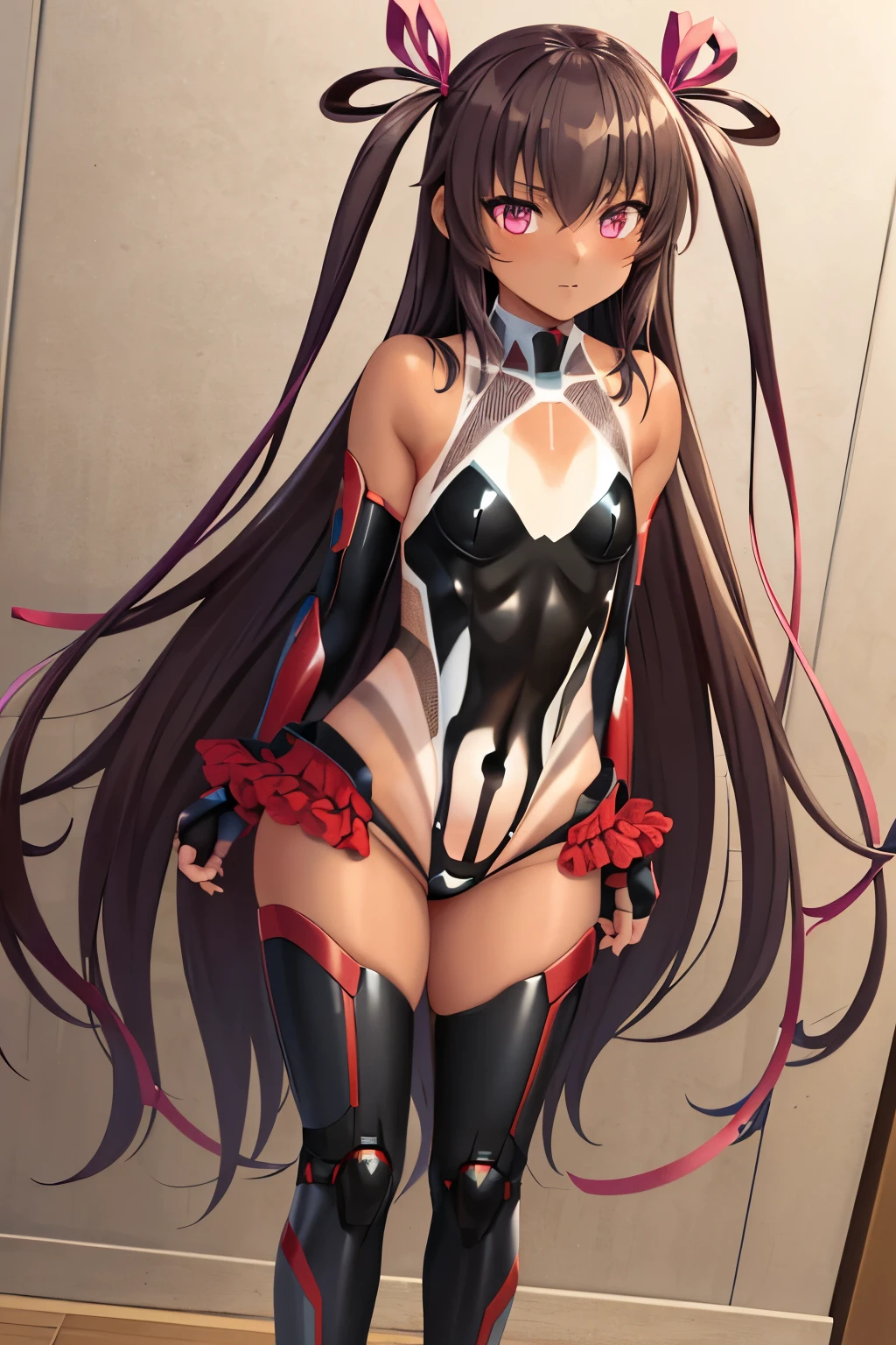 Mizuki Yukikaze, flat tits,skinny,hair ribbon, black leotard, Taimanin suit, one piece tan, Standing in honor,elbow bag, fingerless gloves, ruffle leotard, thigh boots