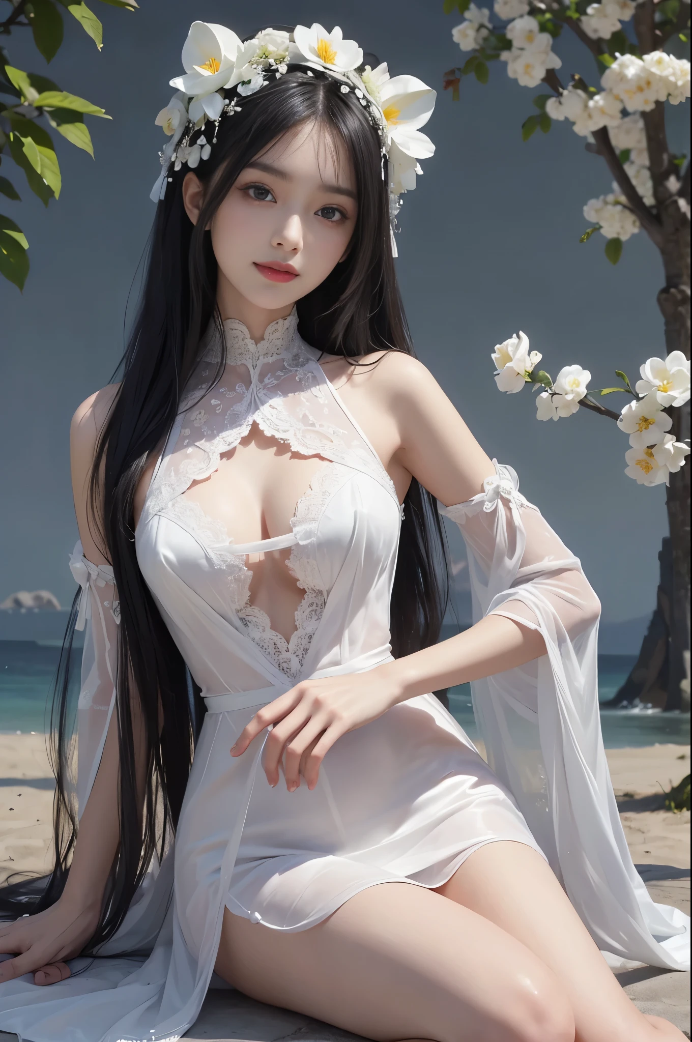 best quality、tmasterpiece、ultra high resolution、actual、1 girl、Glossy skin、((Surreal detailed))、Global photo、8K、Highly complex details、shinning eyes、Black straight hair、highkey、pureerosfaceace_v1、A smile、Elegant pose、plump breasts、White ultra-thin transparent lace、Lots of flowers in the background