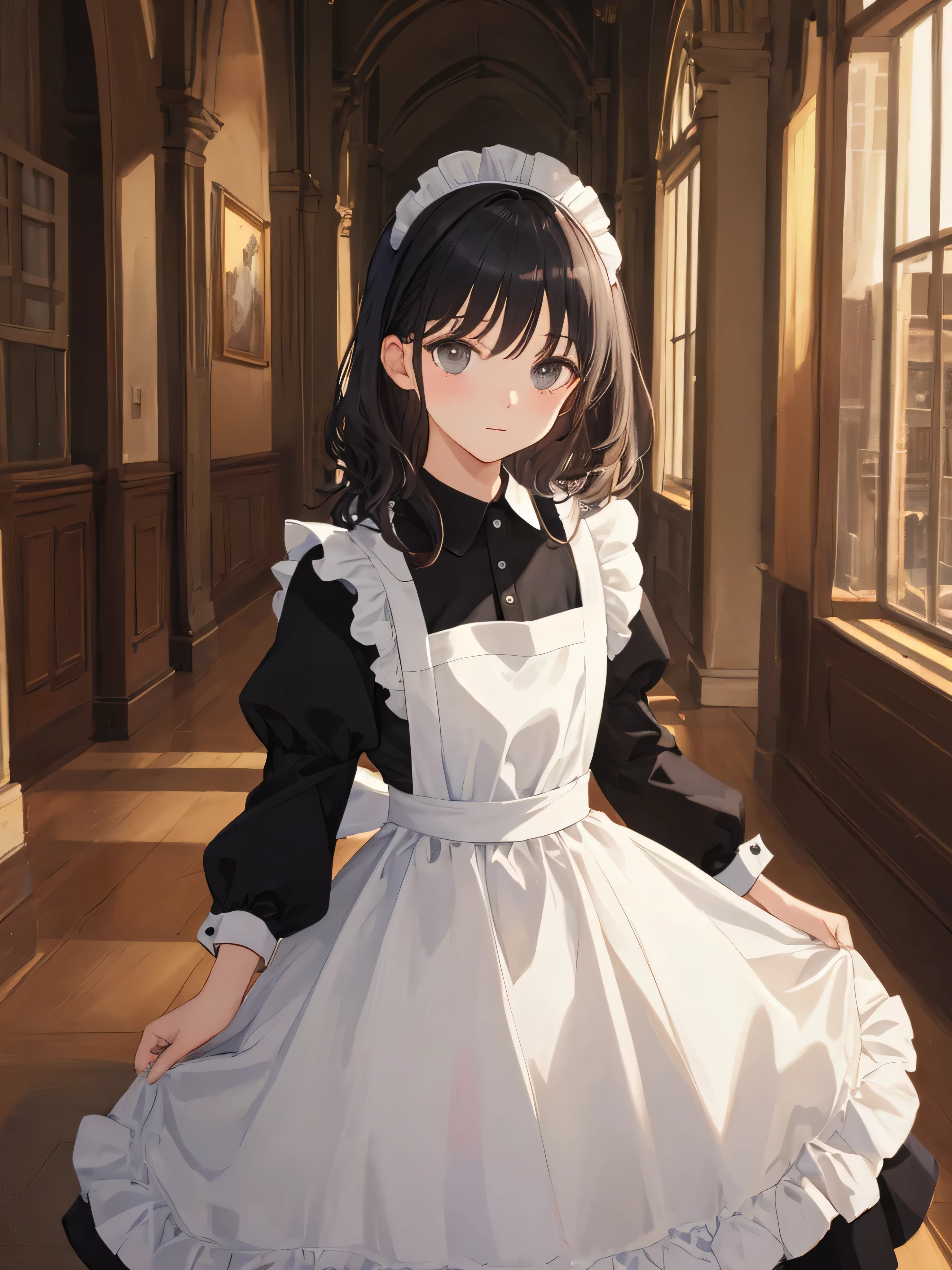 (masterpiece, highest quality:1.2), looking at the viewer, wavy hair, (bright skin:1.2), {indoors|outdoor}, {Day|night}, {Upper body|cowboy shot|full body}, gray eyes,
black hair, maid,