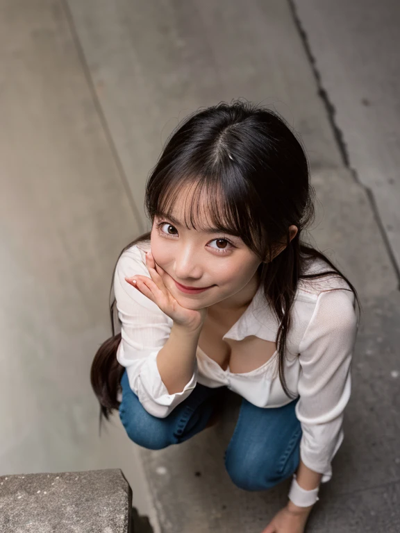 (8k, RAW photo, best quality, perfect anatomy, masterpiece:1.2), (realistic, photo-realistic:1.4), (extremely detailed 8k wallpaper), sharp focus, professional lighting, depth of field, cinematic lighting, break, (18 years old Japanese idol, cute face blush embarrassed, smile, full breasts:1.2), (random model posing, random hairstyle), (wearing a blouse, mini-skirt), (Looking Down from Above:1.8), (upturned eyes :1.5), Kneeling pose:1.2, Cowboy Shot, (crawling position on their hands and knees:1.7)