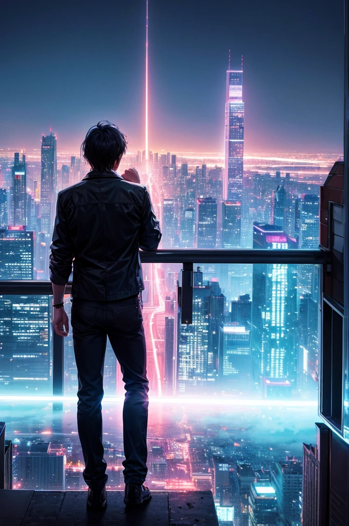 highest quality、A man looking at the neon lights of a big city from a high place、back view