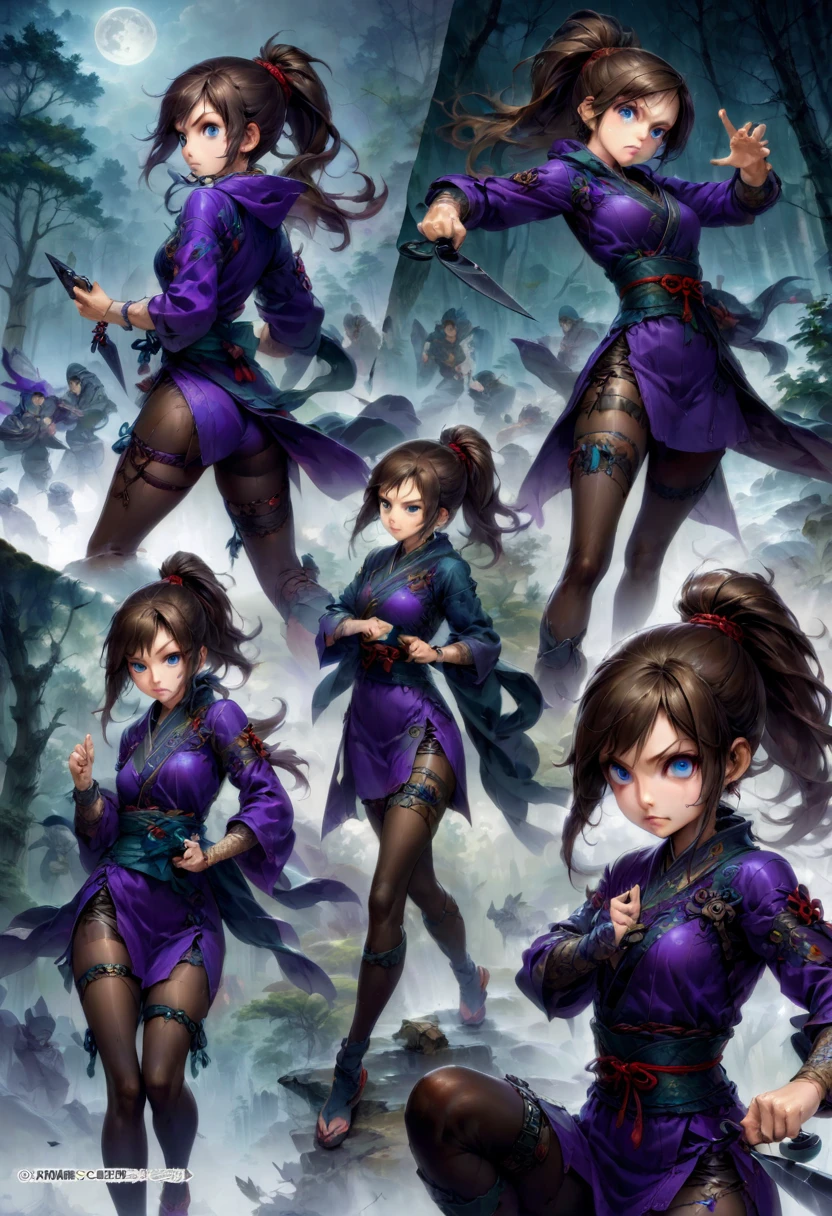 girl, game character, ninja mask, ninja outfit dark blue purple colors, kunai in hand, mid hair, blue eyes, looking at viewer, brown hair, action pose, random expression, ponytail hair, pantyhose, fishnet tights, thigh strap, moon, concept art, forest, rainy day, (masterpiece, best quality, perfect composition, very aesthetic, absurdres, ultra-detailed, intricate details, Professional, official art, Representative work:1.3)
