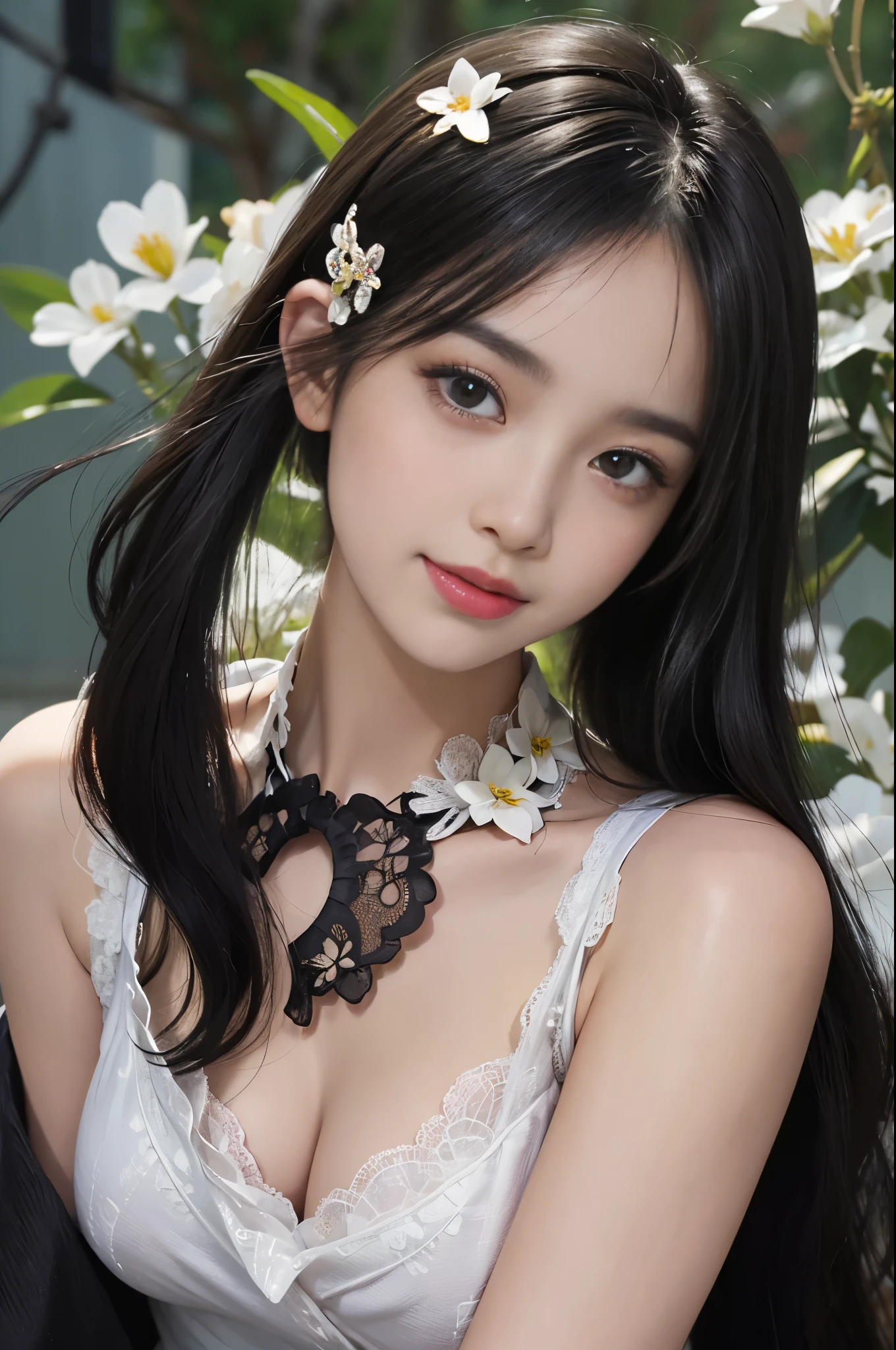 ((((8k))),((Extremely meticulous CG)) ,(wallpaper),16k,((Extremely refined and beautiful)),(((Masterpiece))),(((best qualtiy))),(((Ultra High Resolution))),beautiful light up,Perfect lightning,realistic shaded,((high resolution)),(Smooth and flawless fair skin:1.5),(pale skin:1.3),(Extremely exquisite facial details:1.2),(perfect body:1.1),(ultra-detailed),((A beautiful ,solo)),(22 years old:1.8),(small breasts:1.2),(colorful wreath:1.2),(shoulder length straight bob hair:1.3),(thick bangs:1.5),(earrings:1.2),(small face:1.2),(baby face:1.5),(Exquisite makeup:1.2),((slim,thin)),happy,(laughing:1.2),(crystal necklace:1.2),(((lace,see through))),(strapless bra:1.5),(lace gloves:1.3),(day scene:1.5),(In the sea of flowers:1.3),(Flowers of various colors:1.3),(detailed background:1.5),(standing:1.3),(arms behind back:1.3),(from front:1.2),(Super high saturation,bright and vivid colors:1.3), 