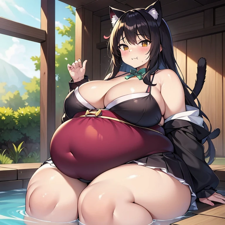 (masterpiece、best quality、super quality、perfect anatomy、detailed、intricate details、Impeccable attention to detail、Superb execution、Beautiful 、upscale、Perfect workmanship、expressive art:1.3),(fat、chubby、Plum:3.45), 2 girls, black hair color hair, long white hair, through bangs, wide waist, wide body,Cat ear,huge belly,The abdomen is divided into two layers,The belt tightens the belly,sitting in water,The belt tightens the belly,Hip-hugging skirt:3),Tight fabric on chest,chubby,heavy belly,hot spring,Two fat cat women huddled together face to face,sitting in water,Skirt rip,hot spring,eating,hot spring,Tight fabric on chest,kimono,The skirt is tight on the lower abdomen,hot springkimono,kimono,Anime cat girl huge intestines eat a lot of food and intestines on the table - car,swollen stomach