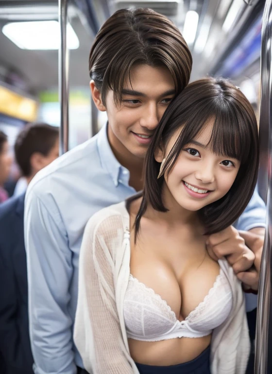 Inside a crowded train、(70 year old dirty old man wearing torn clothes)、(Old man hugging her from behind and talking in her ear)、Other guys catch her with their butts bouncing、Pick up Nini while shaking her skirt、photograph、masterpiece、highest quality、dark gray background、(1 girl;16 years old,brown short hair,small breasts,big smile)、Wait till the small ass sexy swinging skirt round:1.3)、(White see-through open shirt with wide chest:1.5,not wearing a bra)、Old man leaning on her from behind and picking her up