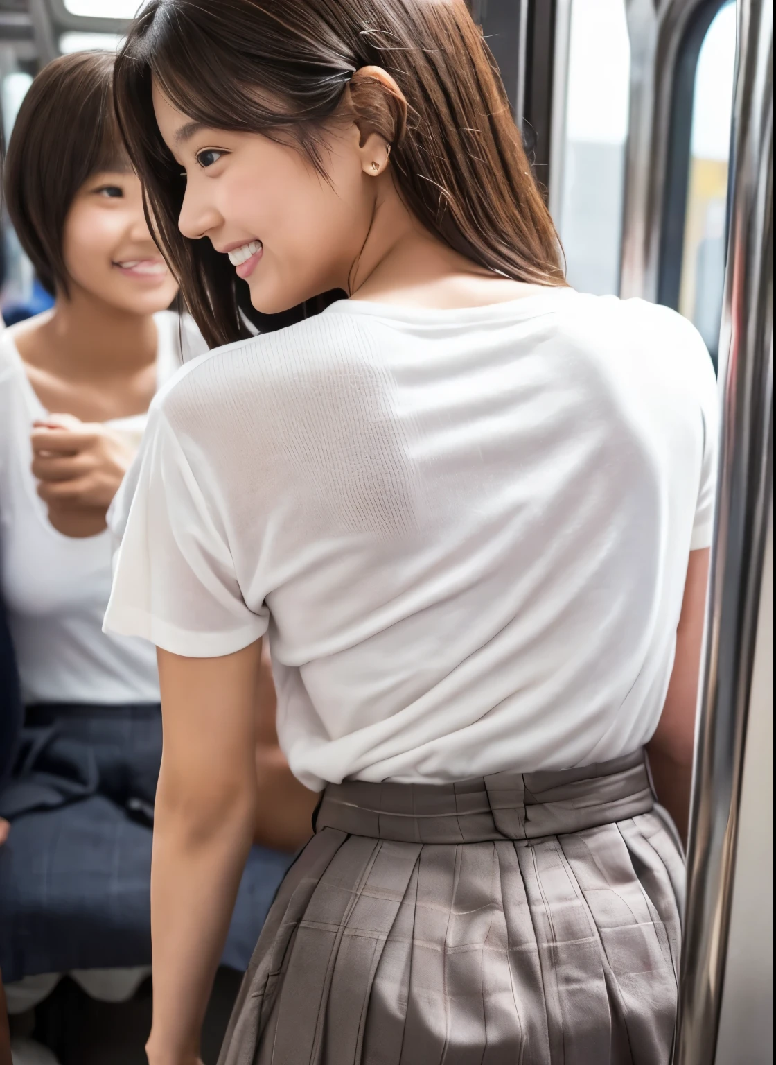 （（（on the train:2.0）））、look at the camera with a smile、Skirt Lift、（（（（Lift your skirt with your hands:2.0））））、（Panties:1.5）、woman, 20-year-old, Short black wavy hair、bangs、(Long skirt),  ((((The wind blew my skirt away, 私のPantiesを露出させてください...))))、(レースのPantiesー)、(Tilt your head a little)