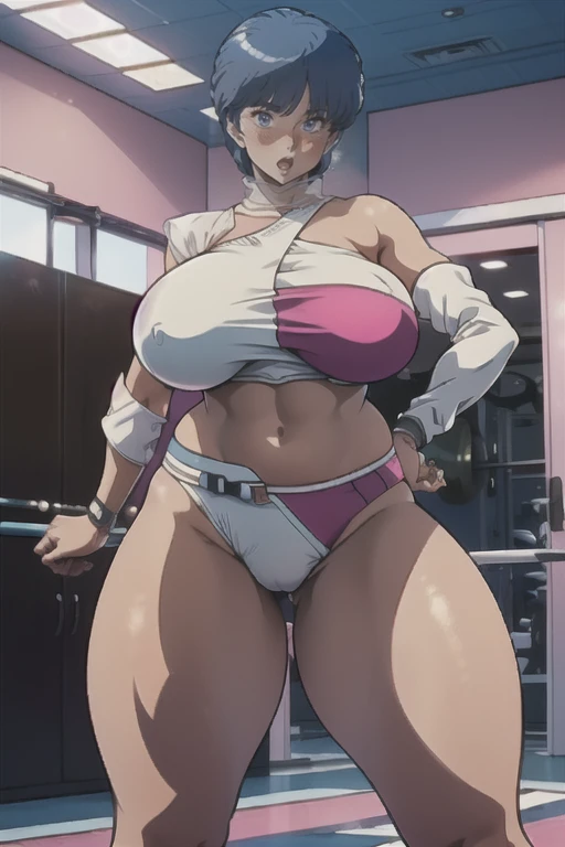 ((master piece, top-quality, ​masterpiece, The ultra -The high-definition, Top resolution, Insanely Detailed:1.5)), ((Woman with beautiful anime face:1.3, very detailed face and eyes:1.1)), ((((1Lady in)))), ((((Solo Lady)))), (White and pink bikini, See-through boots, Aoi), ((Caucasian mature female swim-wear model)), semi-nude, SFW, Adultery, Sexual temptation, Sexual innuendo, arms behind your back:1.7, Spread your legs:1.5, looking down:1.7, (bulge in the crotch area:1.3), Curvaceous wide hips:1.6, Symmetry breasts, [gigantic sagging breasts], Super Strong Super Huge gigantic sagging breasts:1.7, (bbw:1.3), Curvaceous physique, (short body:1.3), (White and pink bikini, See-through boots, Aoi), Slim white waist belt, short-cut, Light-blue-hair, tanned brown skin:1.7, Anime art style of the 1990s, flat lighting:1.5, (in the changing room of the private gym:1.5), From below:1.5, High Cut Panties Without rifts, ((Anxious look:1.5, blush, open mouth))
