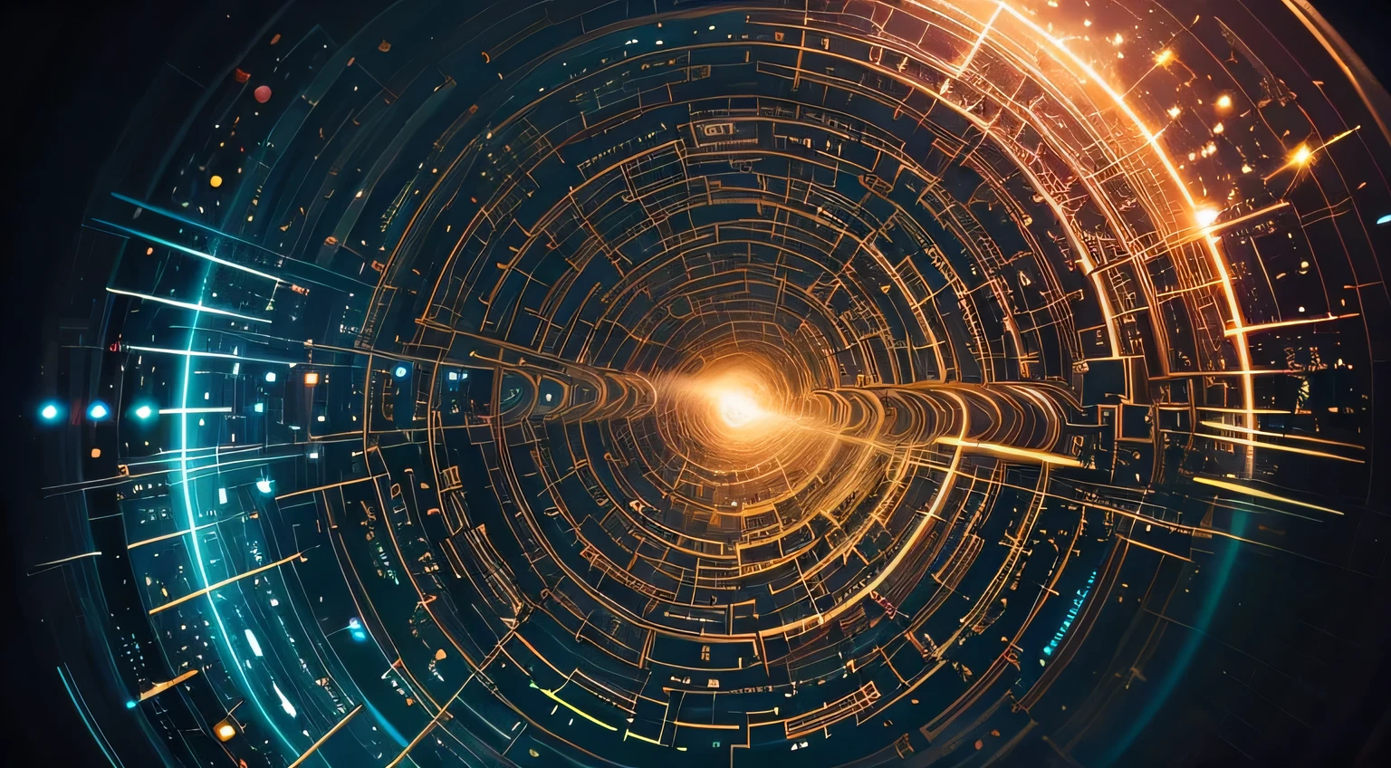 A wide shot of the cosmic symphony, a swirling vortex of light and sound that fills the universe.