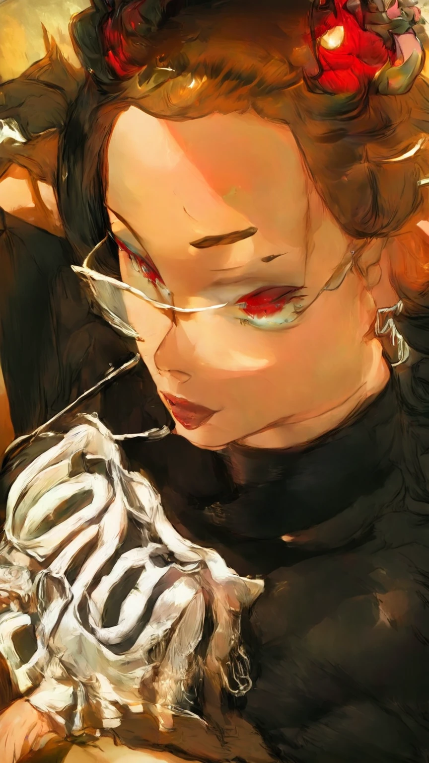 Craft a Krita-style anime illustration of a young woman with flowing black hair and piercing red eyes. Devil horns crown her head, and a mischievous glint sparks in her gaze as she looks directly at the viewer. A black choker with a silver moonstone adorns her neck, complementing the pointed earrings and black lipstick. She could wear a flowing dress with a high slit for a witchy vibe, or a ripped black top and jeans with demonic tattoos for a more sinister approach. Let the background match the chosen theme, with either a moonlit forest or a smoky room filled with dark magic.