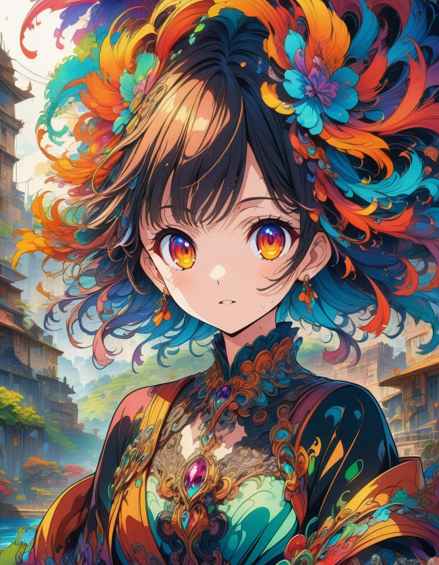 1girl, concept art, Vector Art, aesthetic, Vector Cartoon Illustration, vector, complex details . digital artwork, bright colors, bold outlines, illustrative, (masterpiece), (best quality), (ultra-detailed), very aesthetic, illustration, disheveled hair, perfect composition, moist skin, intricate details, anime artwork, anime style, visual, vibrant, studio anime, highly detailed