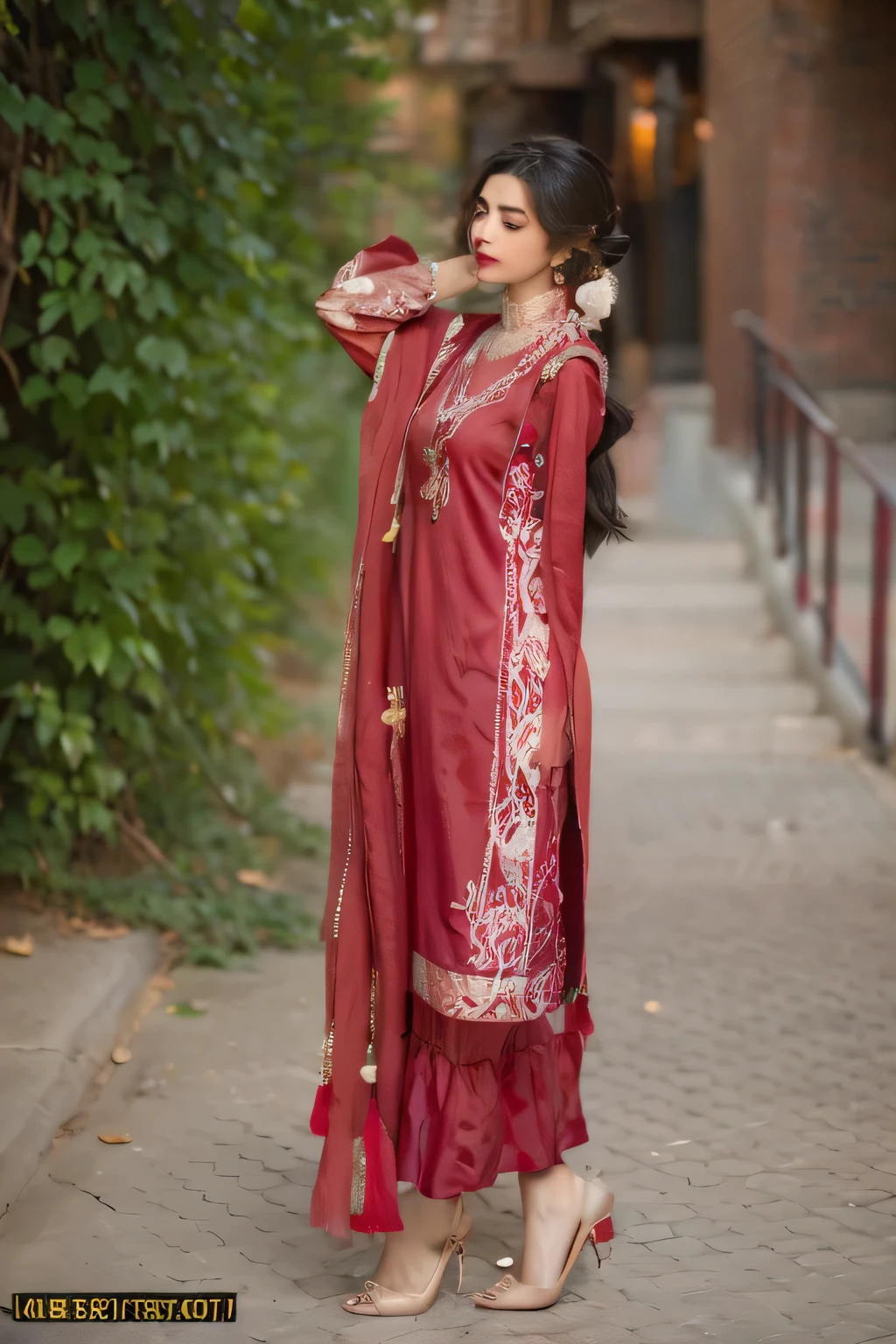 a woman in a red dress standing on a sidewalk, inspired by Ambreen Butt, ornate dark red opulent clothing, very beautiful enga style, art masterpiece, beautiful masterpiece, very extremely beautiful, wearing red attire, wonderful masterpiece, traditional art, a stunning masterpiece, masterpiece work, maroon red, wearing a red outfit, masterpiece, fine details. red, wearing a kurta