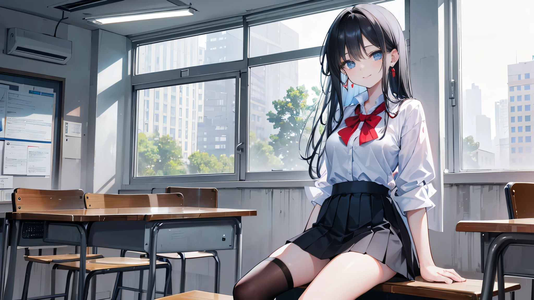 4K photo of a young woman with black hair, 17 years old, medium breasts.  Light blue eyes, long hair, tied in a left bow...,, wearing a red, short-sleeved, unbuttoned shirt.  black short skirt  Wearing earrings and sitting in the classroom with a smiling face.