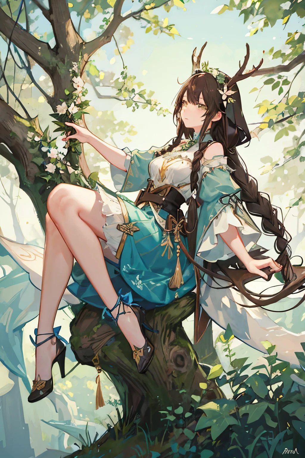 ((best quality)), ((masterpiece)), (detailed),moose girl,nature vibe,deity,branch horn,braided back hair,brown hair,green glowing circle facing to front,nature core,cozy,goddess,goddess of nature,aesthetics cloth,fantasy,close up clothing,holding green fan that overgrowth with flower,giant mooseantlers,long skirt length,stocking,warmer sock,3/4 view,front view,