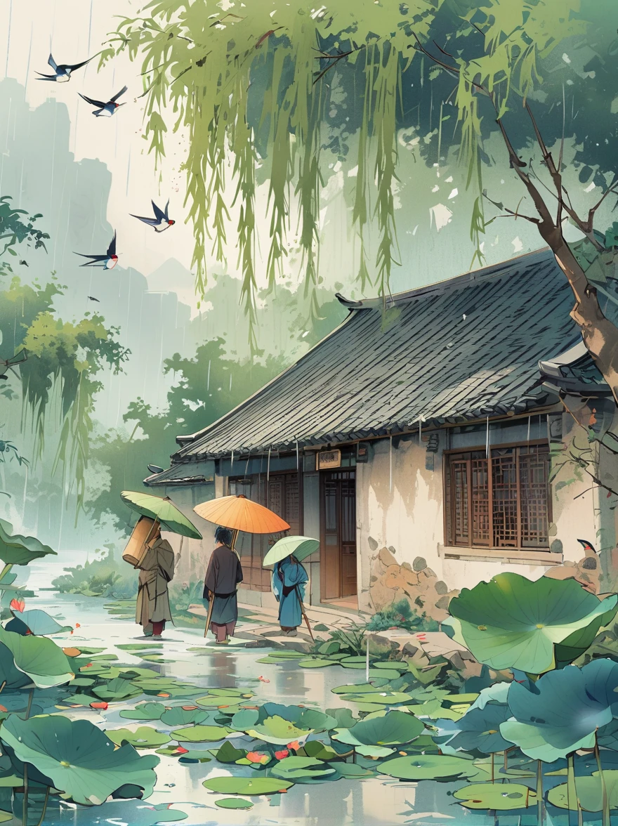 There is a stream in front of the tile house, two people carrying hoes, willow trees, swallows, rain, frogs on lotus leaves, ink wind