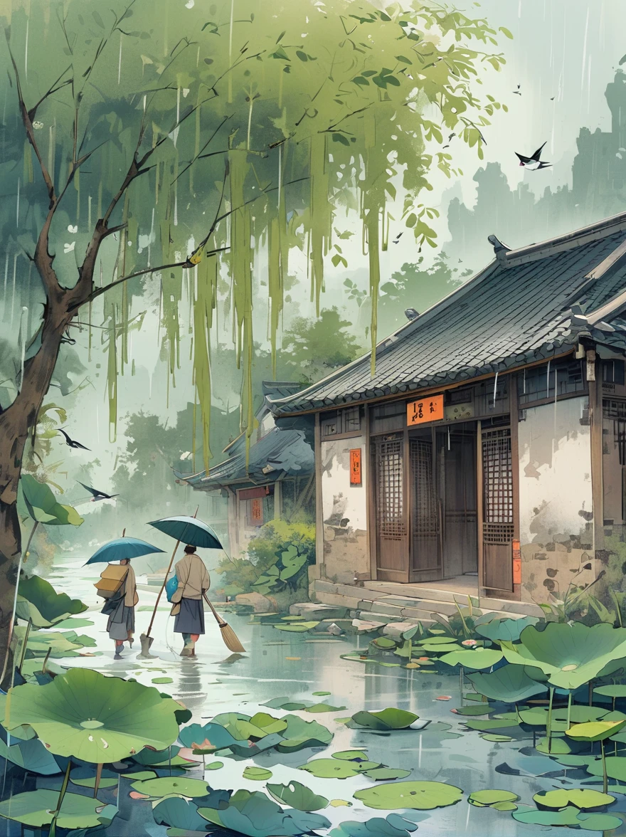 There is a stream in front of the tile house, two people carrying hoes, willow trees, swallows, rain, frogs on lotus leaves, ink wind