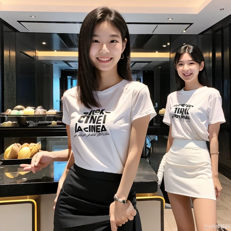 4k, cute and skinny Korean woman,18yo, (Black business tight skirt:1.5), ((white:1.5) transparent thin t-shirt), ((all four:1.5)), concierge, smiling, innocent,at hotel lobby, many women in background, detailed face and eyes