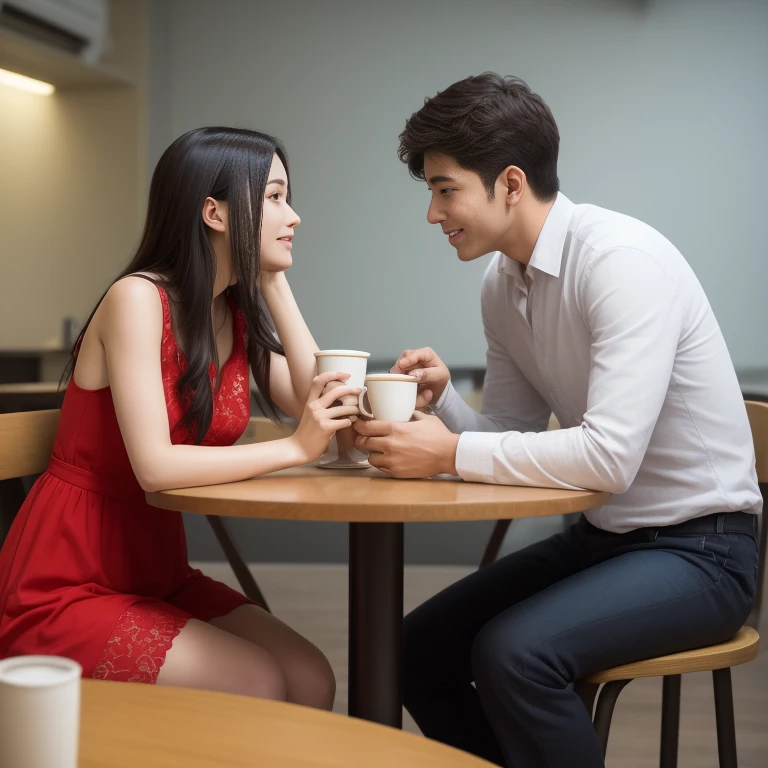 (best quality,4k,highres,masterpiece:1.2),ultra-detailed,realistic,portrait,colorful,soft lighting,cute,korean,romantic,coffee shop,date,love atmosphere,emotion,affection,passion,intimate moment,intense eye contact,gentle touch,smiling,romantic interaction,kissing,beautiful detailed eyes,beautiful detailed lips,cafe background,tables,chairs,coffee cups,floral decorations,cozy environment,soft music,delicate hand gestures,stylish outfits,modern fashion,happy facial expressions,A girl and a boy sitting face to face,romantic chemistry,blushing cheeks,shy smiles,love in the air