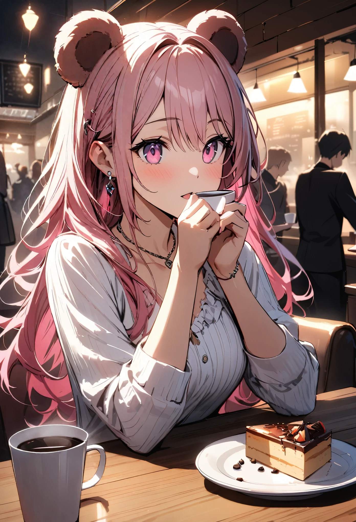 Masterpiece, highest quality, ultra-definition, ultra-fine, 4K, 8K, highest quality, beautiful, cute woman, solo, (beautiful pink hair, beautiful pink eyes, beautiful eyes, long hair, bear ears),
break
Scenery of a cozy cafe, drinking coffee, food and coffee cup on the table, crowd in the background,
break
Prada, necklaces, earrings, accessories, bags,
break
Fantastic lighting, bloom, extraordinary resolution, super details, top quality, high resolution, audio notes,