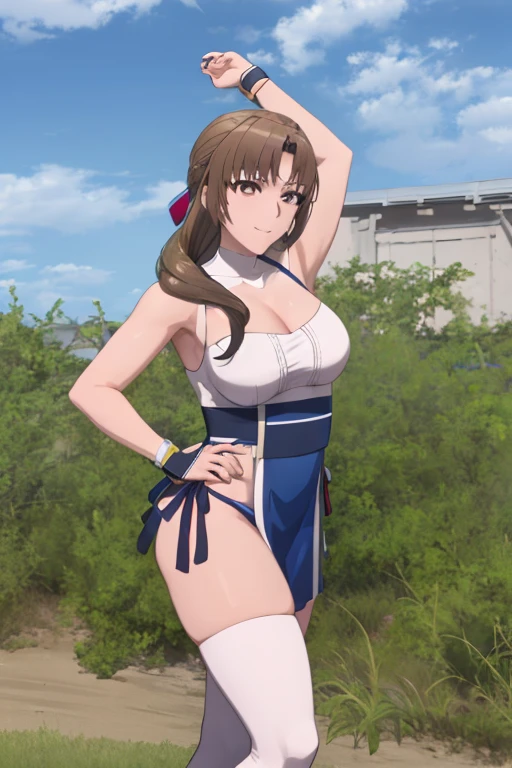 masterpiece, best quality, beautiful art, high resolution, well formed hands, body and fingers, 1 woman, solo, Mamako Oosuki, adult, big breasted, cleavage, full body, long hair, hair ornament, gorgeous legs and thighs, blue_kunoichi_dress, white stockings, sleeveless, she is fighting in a combat match at a martial arts tournament, she is getting ready to fight, making her guard pose, action and fighting scene, about to hit the viewer, looking at the viewer, sweating , feeling confident and proud, smiling joyfully and happily,  charming her opponent with her beauty, fighting scene, martial arts tournament on the beach 