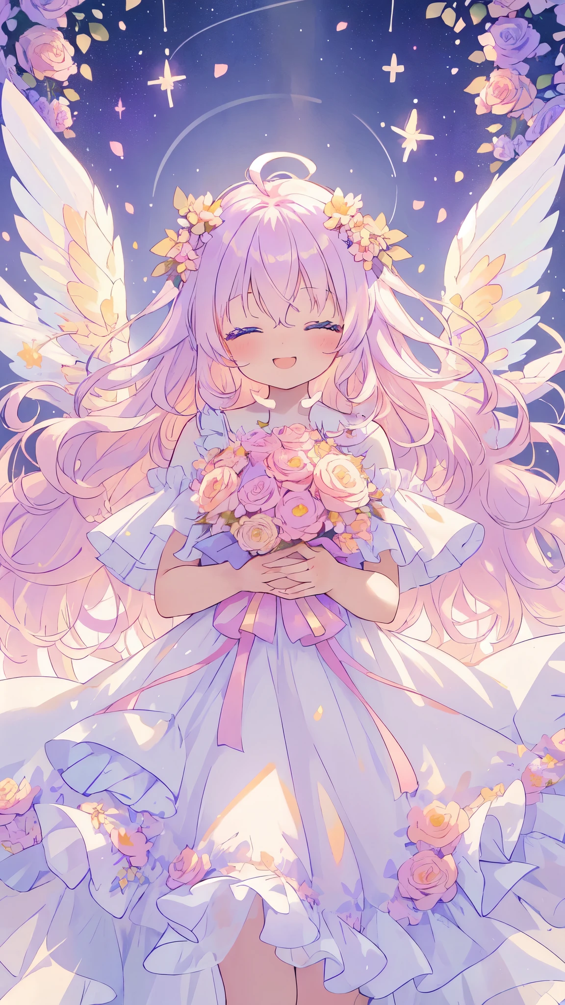 beautiful fairy girl in tiered colorful gradient ballgown dress, (highest quality,masterpiece,16K or 8K,Super detailed,Gradient Glitter ),(Upper body、front)、A dress decorated with lots of frills and flowers、 fairy princess、 giant white fairy wings、(halo),Flowers and colorful plants, beautiful, masterpiece, highest quality、gradient hair, blonde, floating hair, wavy hair,fluffy hair、 hair blowing in the wind, Pastel wreath on head,lavender eyes, long eyelashes, beautiful eyes、pointy ears, light smile, bright pupils, ((Sparkling fluffy layered ball gown)), (He smiles happily with his eyes closed and his mouth open.),((He holds in his hands a large bouquet of pastel colored flowers.))(magic, Whimsical),digital illustration, highest quality,High resolution,  romantic academia, romantic atmosphere, fantasy, white background, With roses, wood and, in the flower field, In the rose garden, Happy, laughter,