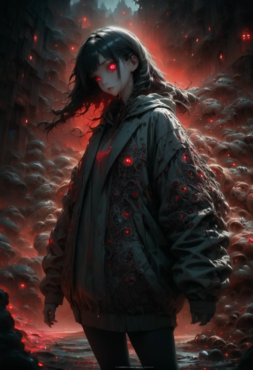 girl, wearing hoodie standing in surreal neighborhood, Dark and ominous, Unnatural colors, Haunting vibe, sharp focus, Red hue for eyes, Desaturated tones for overall scene, Cinematic lighting, (masterpiece, best quality, perfect composition, very aesthetic, absurdres, ultra-detailed, intricate details, Professional, official art, Representative work:1.3)