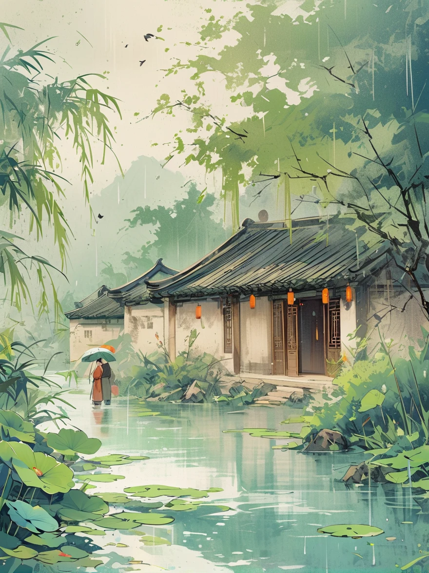 Outdoor Qingming Festival poster in traditional Chinese painting style,Soft colors,Elegant,minimalist composition,element主次层次排列,element:Light spring rain,Tender green meadow,Chaoyang,Lakes and streams,peaceful outdoor scenery,