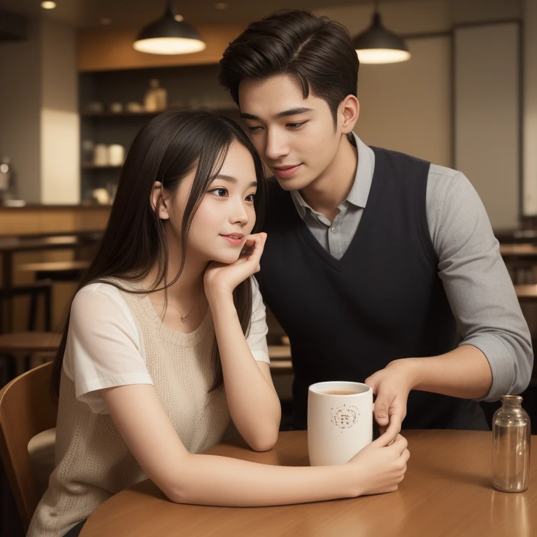 (best quality,4k,highres,masterpiece:1.2),ultra-detailed,realistic,portrait,colorful,soft lighting,cute,korean,romantic,coffee shop,date,love atmosphere,emotion,affection,passion,intimate moment,intense eye contact,gentle touch,smiling,romantic interaction,kissing,beautiful detailed eyes,beautiful detailed lips,cafe background,tables,chairs,coffee cups,floral decorations,cozy environment,soft music,delicate hand gestures,stylish outfits,modern fashion,happy facial expressions,A girl and a boy sitting face to face,romantic chemistry,blushing cheeks,shy smiles,love in the air