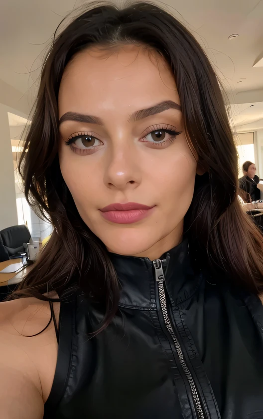 visage avec la tête droite regardant directement la caméra selfie d'arafed Greek woman with a red zipped top, 🔥 😎 🕹️ 👀 :2, seins convenables couverts, jeune femme grecque aux longs cheveux bruns, stoïa, 3 2 ans, banderole Twitch, photo d'iphone, army, corps noir, sacs 9 5, Ready for a meeting, Sombre. pas de texte, close-up of the head and