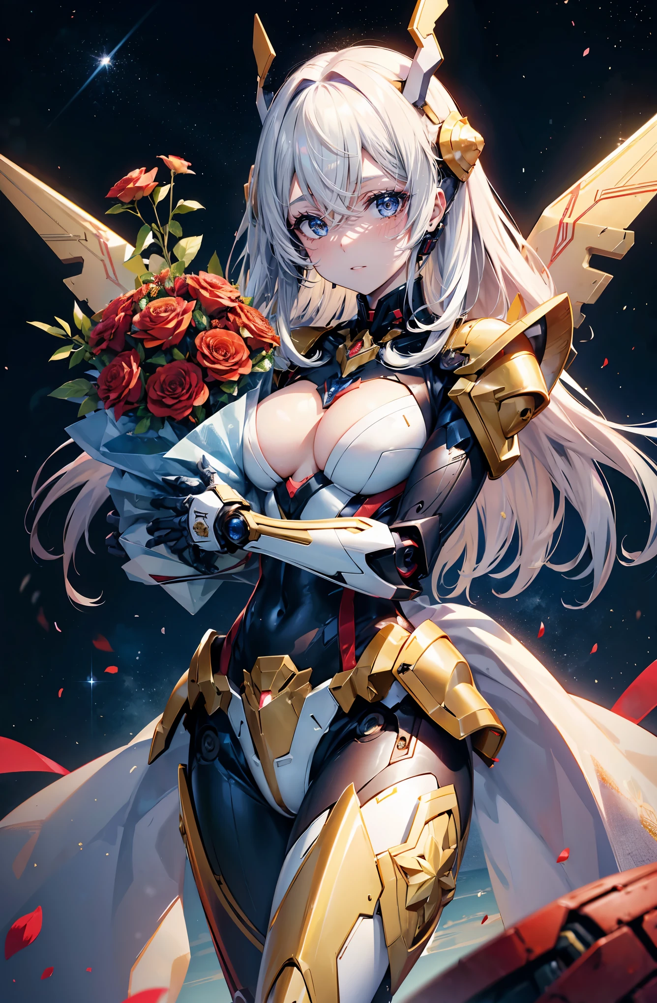 masterpiece,highest quality,Super detailed,very detailedイラスト,very detailed,intricate details,High resolution,超intricate details,very detailed 8k cg wallpaper,caustics,reflection,ray tracing,,nebula,(A brave hero based on red, blue and white)、Combined robot image、cyber effect, (1 girl:1.4),alone,alone,mecha musume,mechanical parts, robot joints,single mechanical arm, headgear, mechanical harrow,hello star,complex mechanical bodysuit, my corset, full armor, hair between eyes, golden hair, inner hair coloring, blue eyes,shining eyes,BREAK.(Carrying a bouquet full of beautiful flowers、Please give me a present:1.5)BREAK.starry sky,skyline,