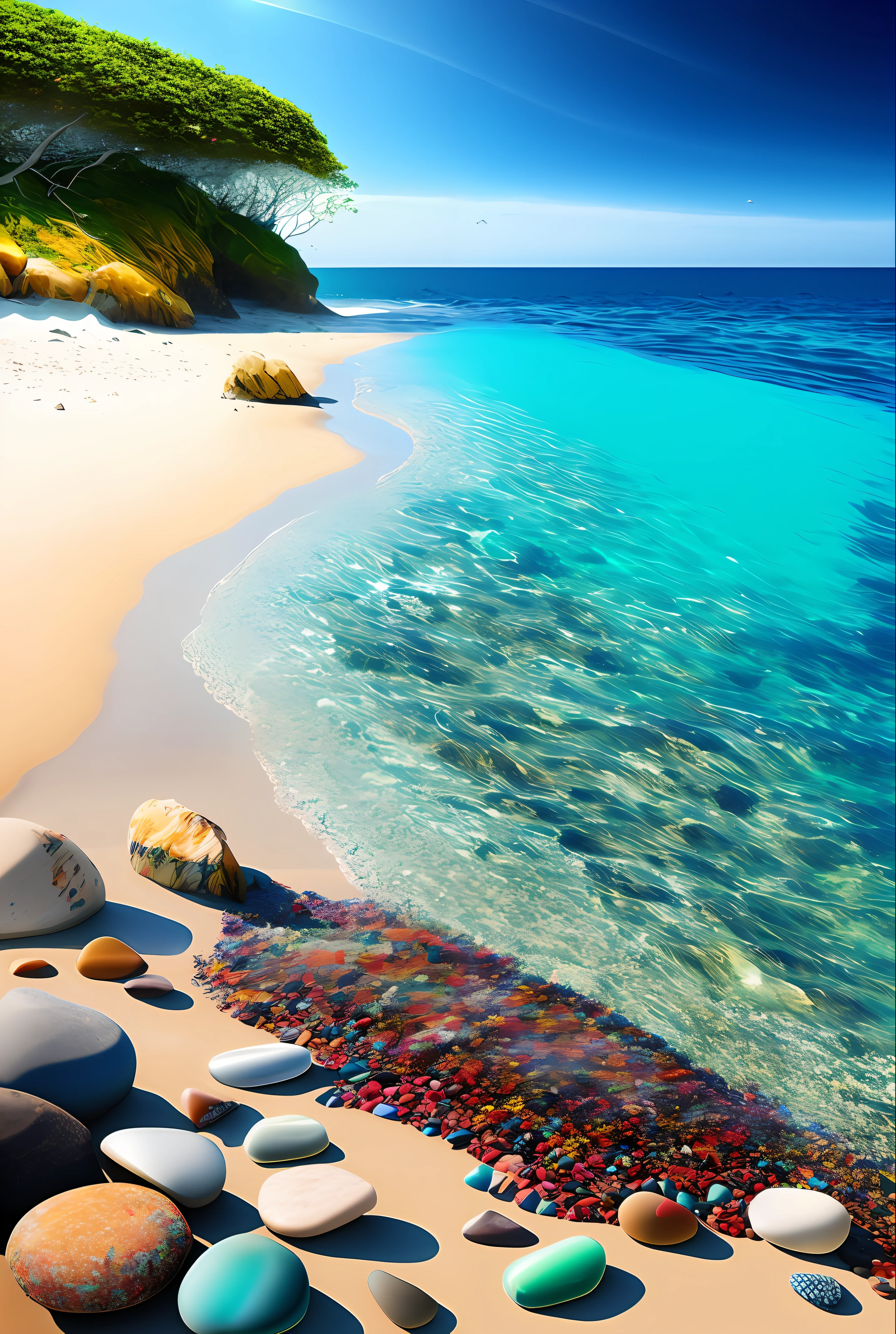 East Pole Island, plage, Tide, vagues, midi, sunny, Galets transparents, ultra-realistic, surrealist, 16k HD, Parapluie arc-en-ciel,