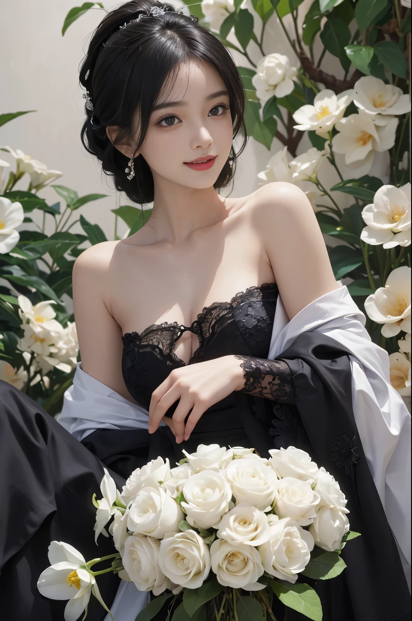 best quality、tmasterpiece、ultra high resolution、actual、1 girl、Glossy skin、((Surreal detailed))、Global photo、8K、Highly complex details、shinning eyes、Black straight hair、highkey、pureerosfaceace_v1、A smile、Elegant pose、plump breasts、White ultra-thin transparent lace、Lots of flowers in the background