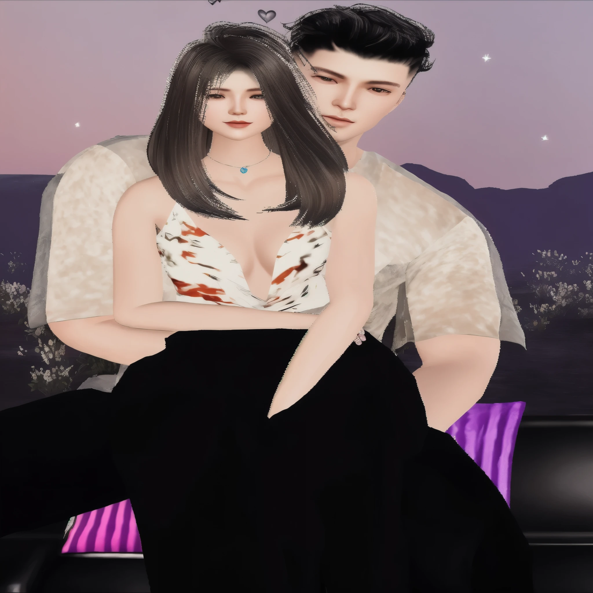 there is a digital painting of a man and a woman sitting on a couch, realistic couple pose, inspired by Sim Sa-jeong, close up half body shot, secondlife, full body close-up shot, second life avatar, lacivious pose, elegant pose, glamor pose, elegant glamor pose, ! movie scene