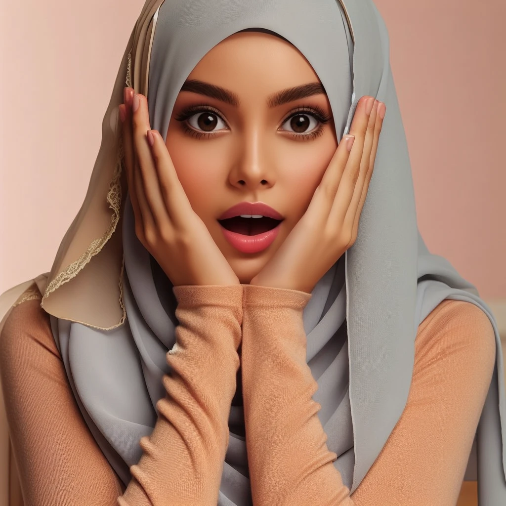 a close up of a woman wearing a hijab and a scarf, surprised expression, shocked look, shocked expression, scared expression, shocked expression on her face, surprised expression on her face, looking surprised, scared face, expressive surprised expression, very surprised, surprised, hijab, confused expression, crazy expression, wide eyes shocked expression, frightened look, blank expression on her face
