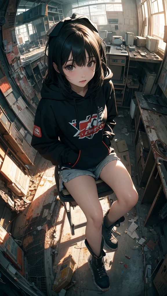 ((Highly detailed CG unit 8k wallpaper, masterpiece, High resolution, highest quality)), (Adult woman sitting on a rusty oil can, Wearing a yellow hoodie:1.2, hands in pockets:1.5, Nana Komatsu, street fashion, Wearing micro mini shorts:1.2, wearing boots:1.2), ((highly detailed face, highly detailed black eyes, detailed body, highest qualityのリアルテクスチャスキン)), (Inside a futuristic abandoned building:1.3), (Angle from above:1.3, Fisheye Shot:1.5), hyper realistic, digital paint,