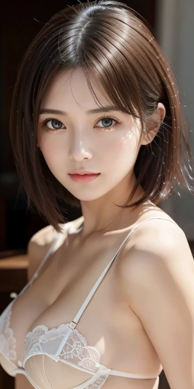 masterpiece、highest quality、High resolution、wallpaper、realistic、bright lighting、professional lighting、face light、smooth lighting、japanese woman、adult woman、Beautiful woman、was acted upon、gravure、sexy、super beautiful、beautiful skin、beautiful and big eyes、detailed face、slim、medium big breasts、short hair、brunette colored hair、brown eyes、soft expression、look at the camera、lingerie