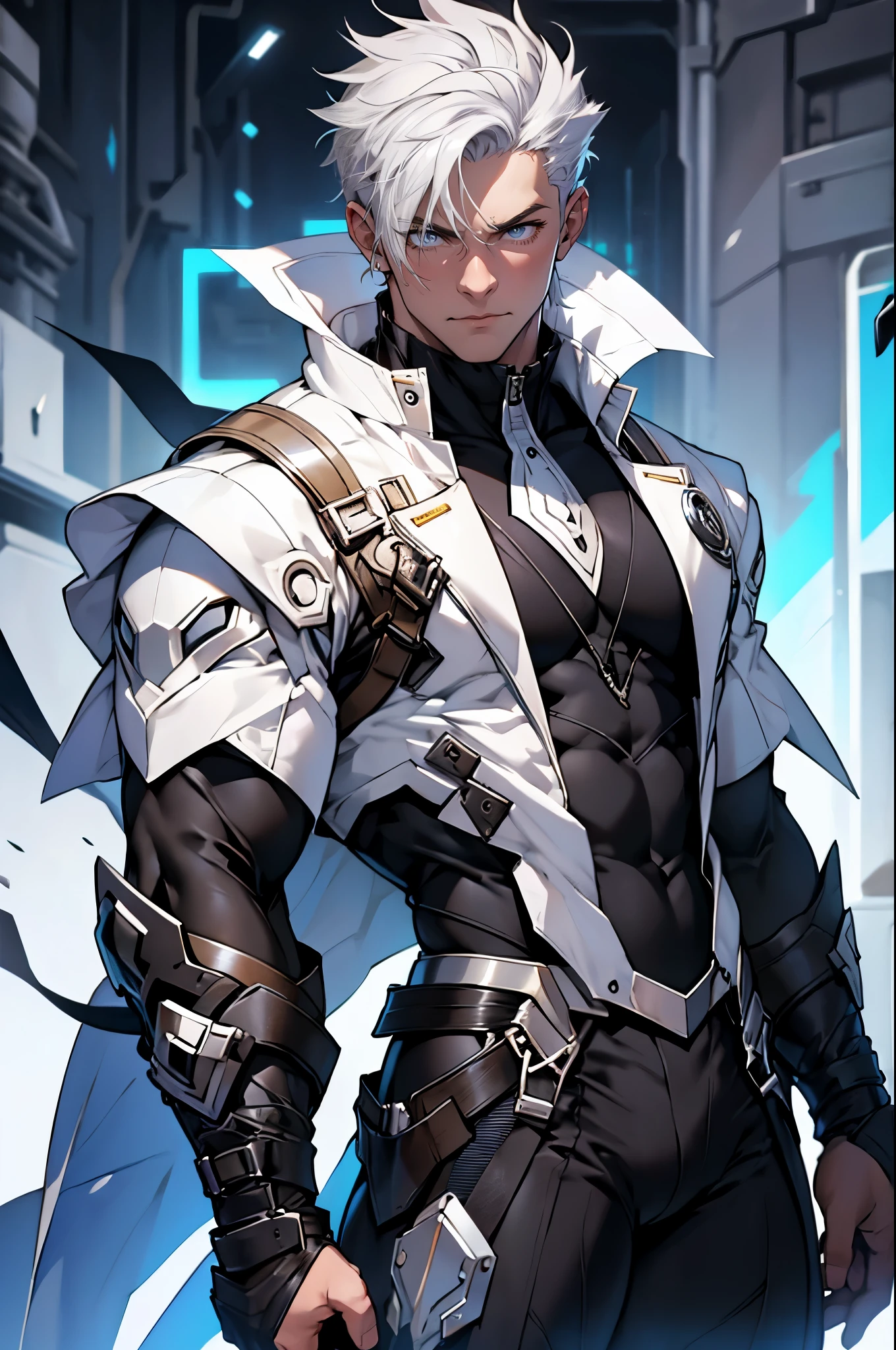 （white people、white skin、uncle、40 generations）、（silver hair,short hair）、 highest quality, male focus,detailed face、Super high quality、thick chest plate、thin waist、ripped abs、（black bodysuit、black high neck、black vest）、show your shoulders、strong armuscular thighs