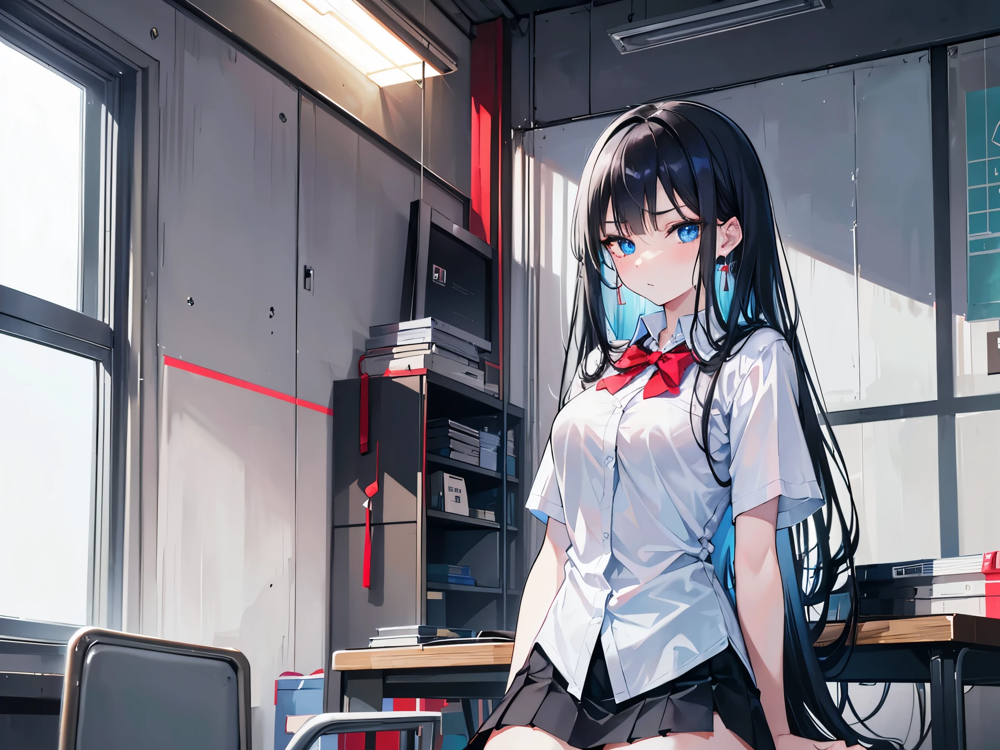 1girl, solo, sailor uniform, long hair, white strand, breasts, black hair, black nails, jewelry, earring, blue eyes, nail polish, bangs, high heels, tattoo, thighs, hair ornament, red lips, medium breasts, on the computer desk