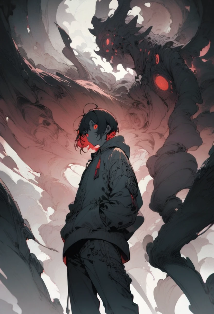 boy, wearing hoodie standing in surreal neighborhood, Dark and ominous, sharp focus, Red hue for eyes, Desaturated tones for overall scene, Cinematic lighting, (masterpiece, best quality, perfect composition, very aesthetic, absurdres, ultra-detailed, intricate details, Professional, official art, Representative work:1.3), (Animagine:0.01)