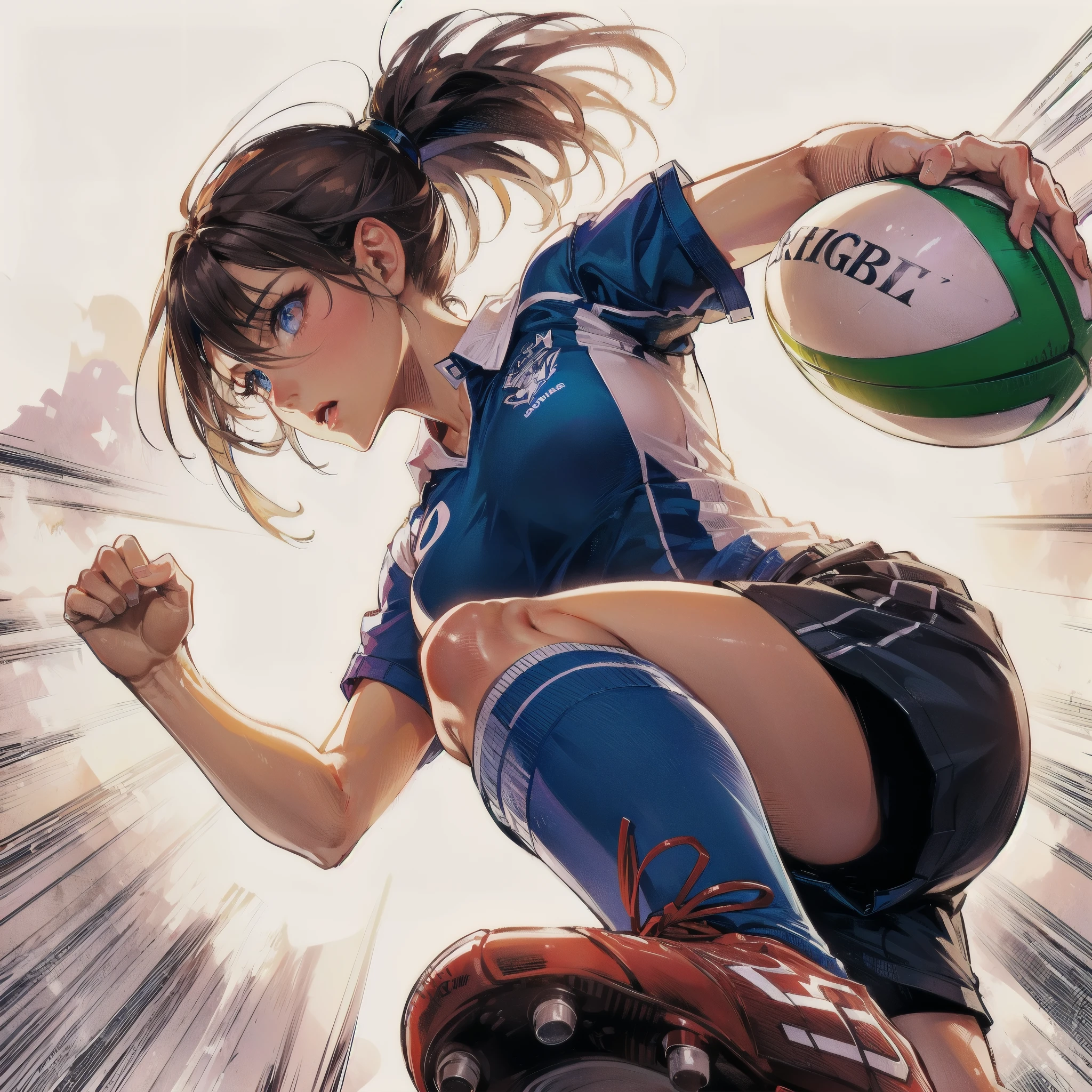 high quality,HD,16k,sharp lines,1 girl,Female rugby athlete ,cute face, large breasts, nice legs,At the rugby venue,focus girl,detailed beautiful face,detailed clothes,beautiful eyes,cool,dynamic angle
