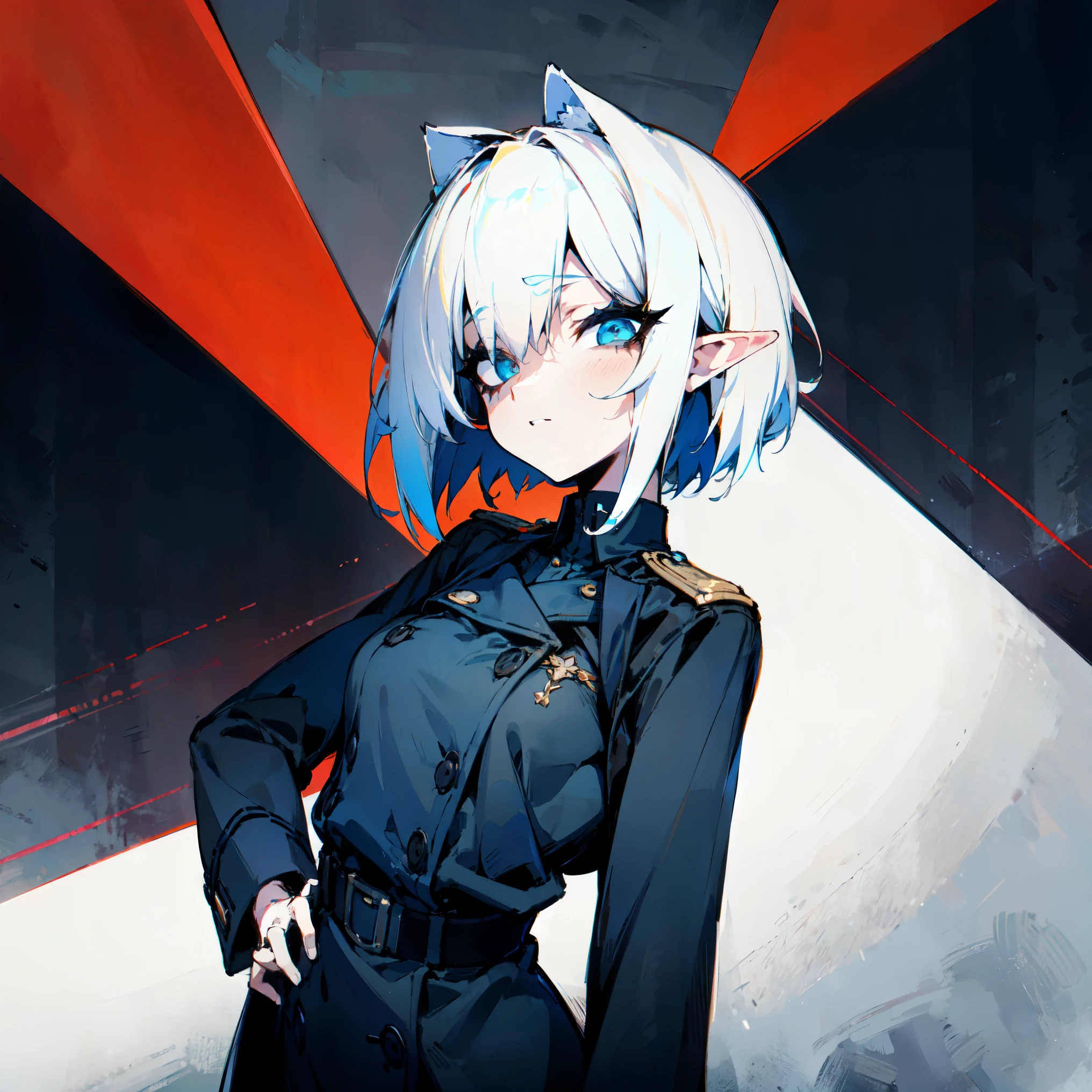 (Masterpiece, Top Quality, Best Quality, Official Art, Beauty and Aesthetics: 1.2), (Flat Color: 1.3), Very Detailed, Detailed Face and Eyes, Cinematic Light, SFW, Anime, Depth of Field, 1 Girl, Solo, Official, White Hair, Elf Ears, Short Hair, Blue Eyes, Black Eye Shadow, Medium Tits, Black Trenchcoat, Military, SS Officer, Buttoned Up 