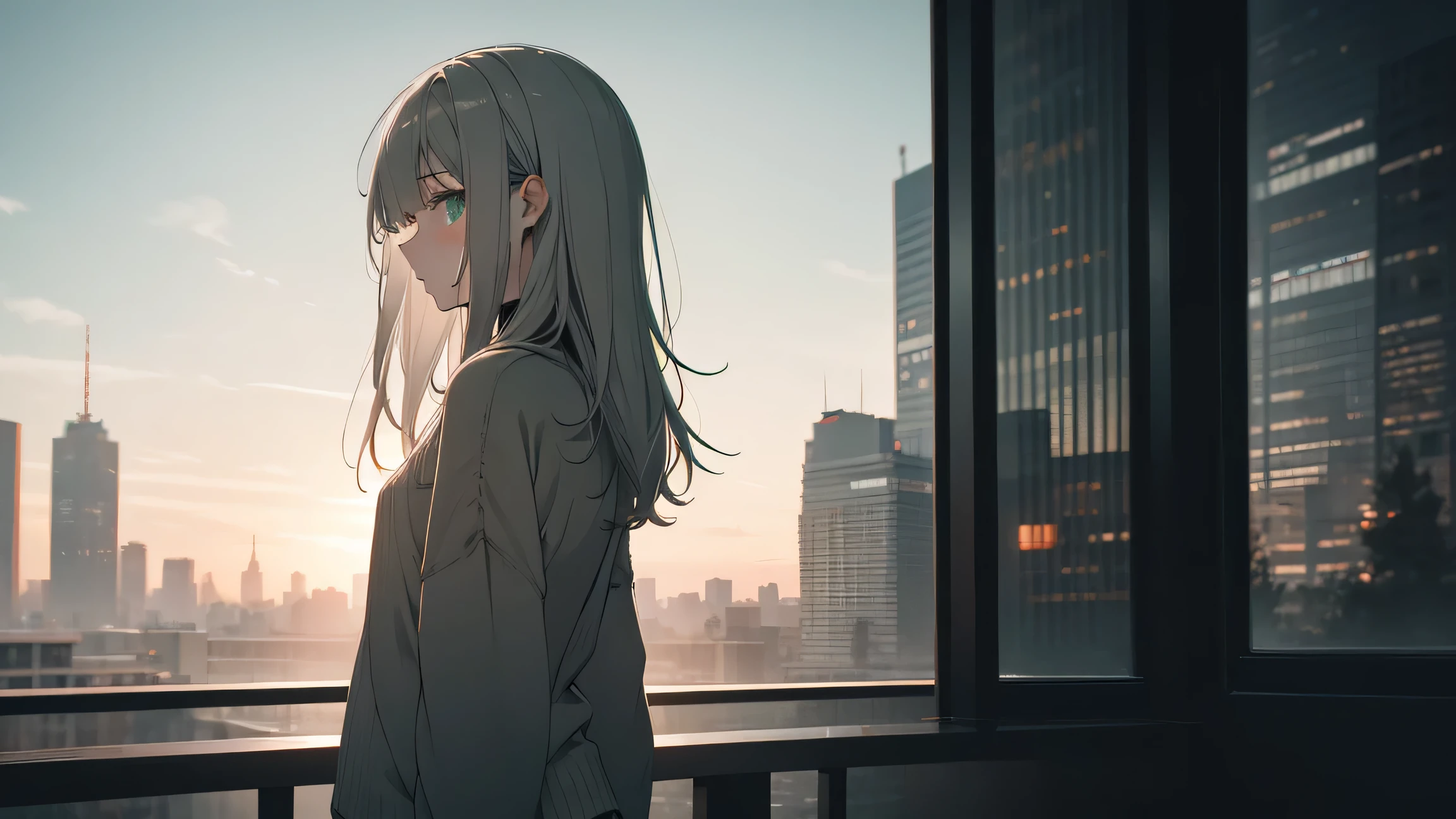 Faded tones, monochrome, cool girl, long bangs, hipster, gray hair, upper chest shot, monochrome, black, green, white sweater, big blurry background, city at dawn, back view