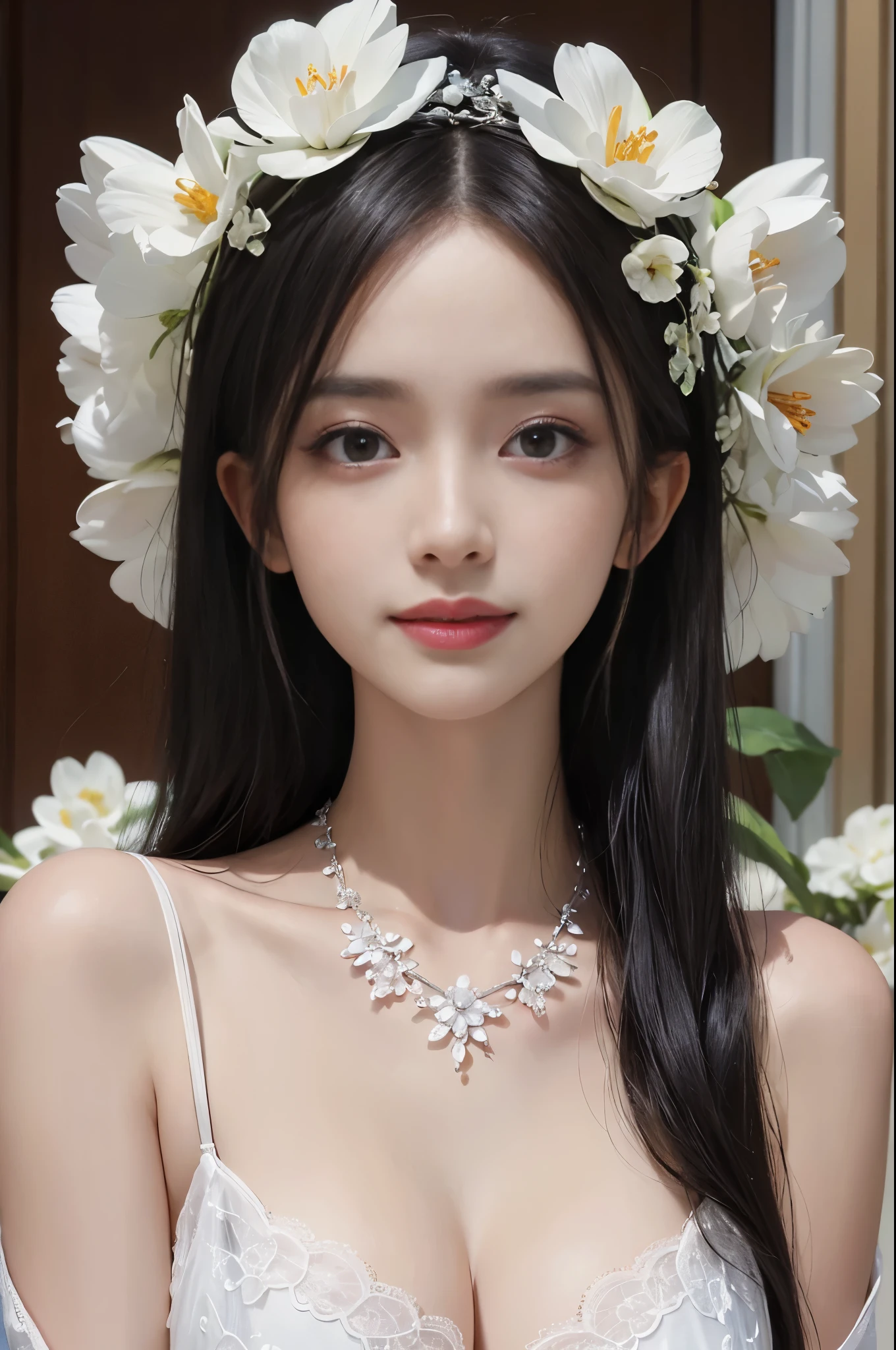 best quality、tmasterpiece、ultra high resolution、actual、1 girl、Glossy skin、((Surreal detailed))、Global photo、8K、Highly complex details、shinning eyes、Black straight hair、highkey、pureerosfaceace_v1、A smile、Elegant pose、plump breasts、White ultra-thin transparent lace、Lots of flowers in the background