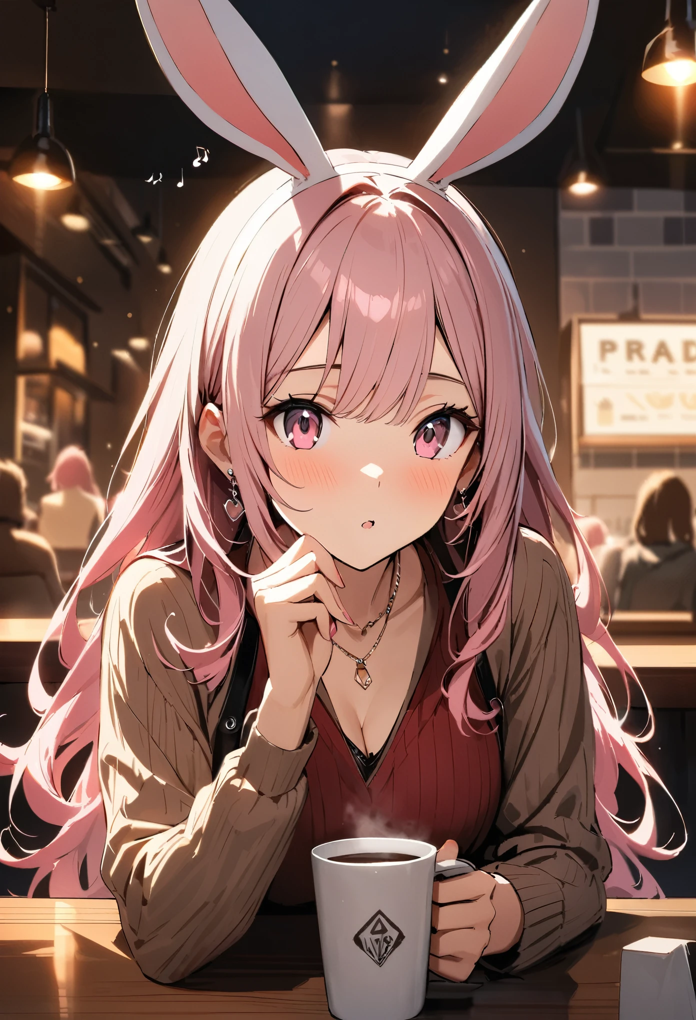 Masterpiece, highest quality, ultra-definition, ultra-fine, 4K, 8K, highest quality, beautiful, cute woman, solo, (beautiful pink hair, beautiful pink eyes, beautiful eyes, long hair, rabbit ears),
break
Scenery of a cozy cafe, drinking coffee, food and coffee cup on the table, crowd in the background,
break
Prada, necklaces, earrings, accessories, bags,
break
Fantastic lighting, bloom, extraordinary resolution, super details, top quality, high resolution, audio notes,